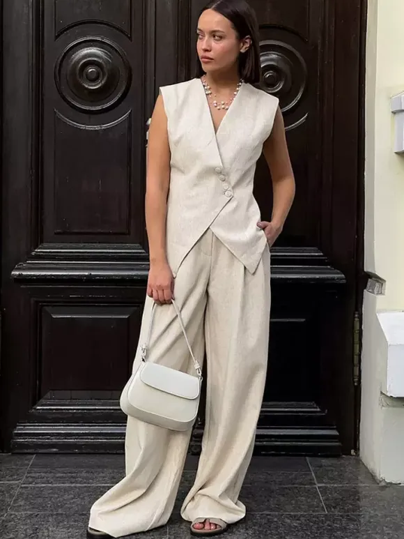 Two Piece Sets Khaki Chic Daily Casual Linen V-Neck Sleeveless Top Pant Set