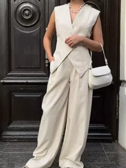 Two Piece Sets Khaki Chic Daily Casual Linen V-Neck Sleeveless Top Pant Set