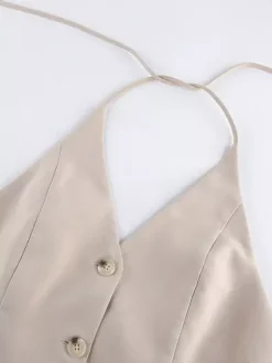 Two Piece Sets Khaki Chic Daily V-Neck Sleeveless Pant Set