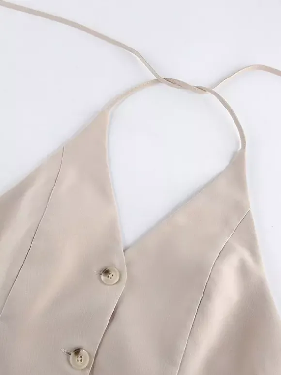Two Piece Sets Khaki Chic Daily V-Neck Sleeveless Pant Set