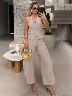 Two Piece Sets Khaki Chic Daily V-Neck Sleeveless Pant Set