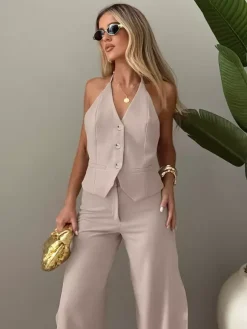 Two Piece Sets Khaki Chic Daily V-Neck Sleeveless Pant Set