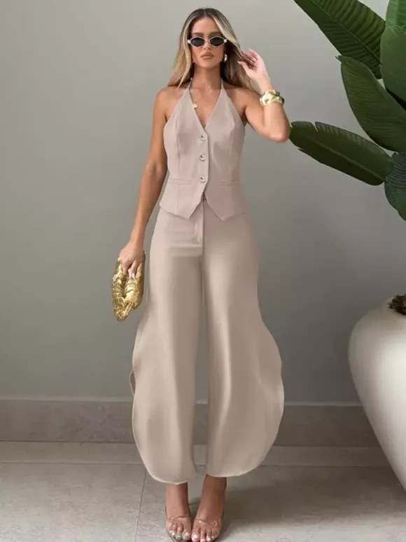 Two Piece Sets Khaki Chic Daily V-Neck Sleeveless Pant Set