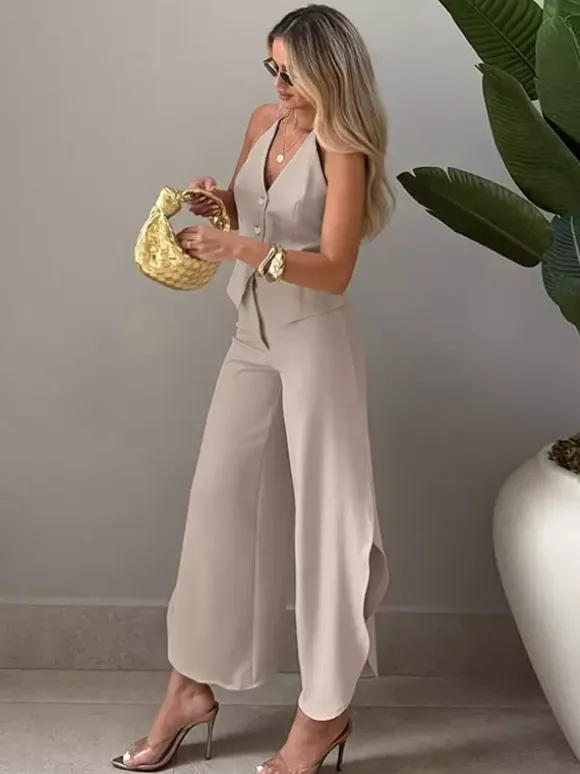 Two Piece Sets Khaki Chic Daily V-Neck Sleeveless Pant Set