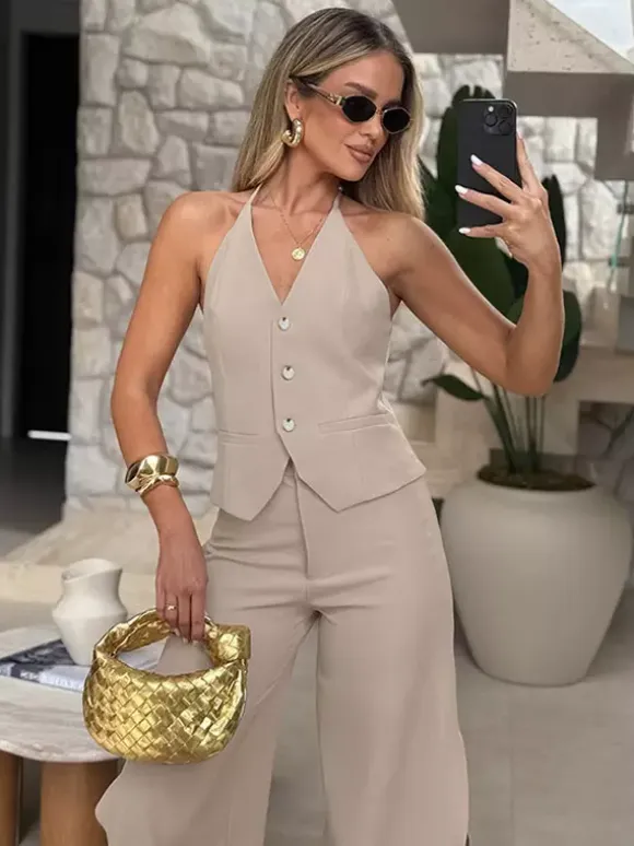 Two Piece Sets Khaki Chic Daily V-Neck Sleeveless Pant Set