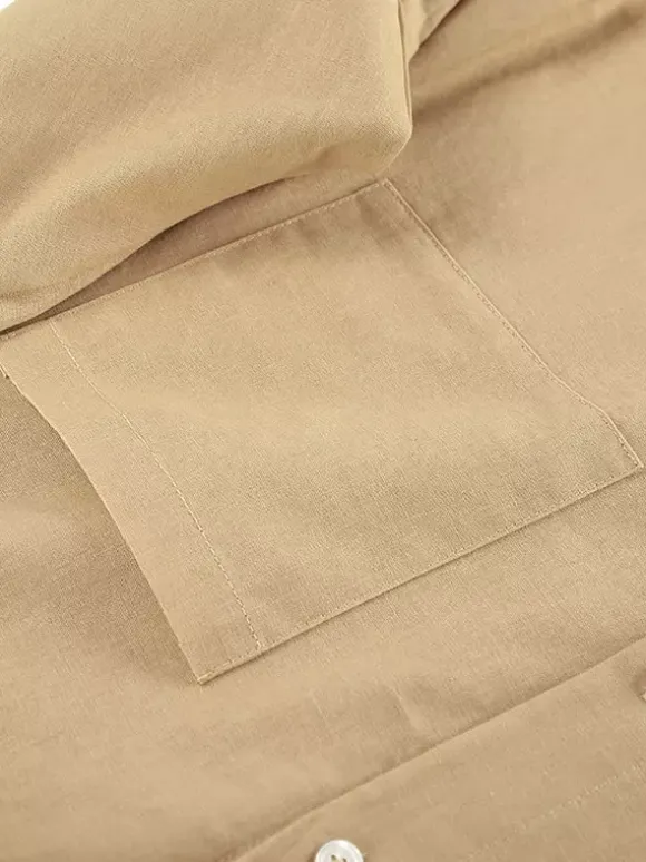 Two Piece Sets Khaki Chic Street Wear Cotton Linen Turndown Collar Long Sleeves Pant Set