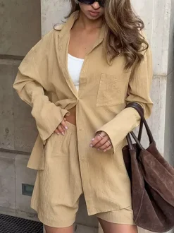 Two Piece Sets Khaki Chic Street Wear Cotton Linen Turndown Collar Long Sleeves Pant Set