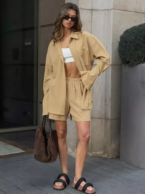 Two Piece Sets Khaki Chic Street Wear Cotton Linen Turndown Collar Long Sleeves Pant Set