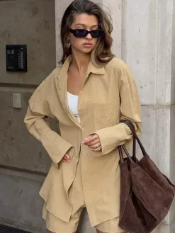 Two Piece Sets Khaki Chic Street Wear Cotton Linen Turndown Collar Long Sleeves Pant Set