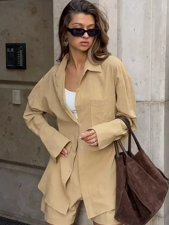 Two Piece Sets Khaki Chic Street Wear Cotton Linen Turndown Collar Long Sleeves Pant Set