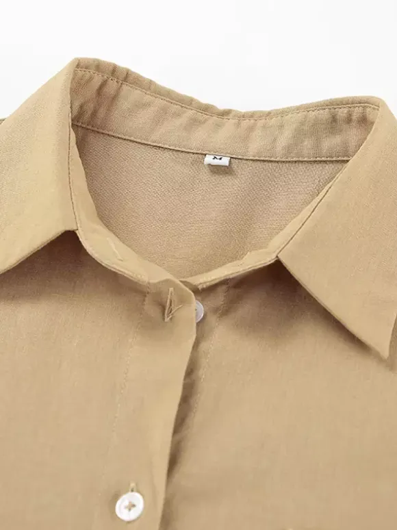 Two Piece Sets Khaki Chic Street Wear Cotton Linen Turndown Collar Long Sleeves Pant Set