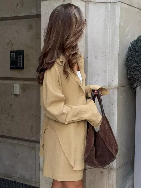 Two Piece Sets Khaki Chic Street Wear Cotton Linen Turndown Collar Long Sleeves Pant Set