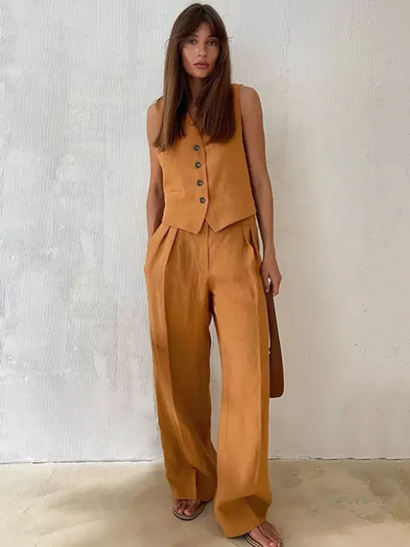 Two Piece Sets Khaki Street Wear V-Neck Sleeveless Top Pant Set
