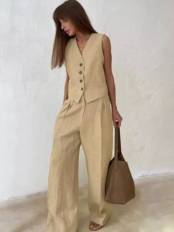 Two Piece Sets Khaki Street Wear V-Neck Sleeveless Top Pant Set
