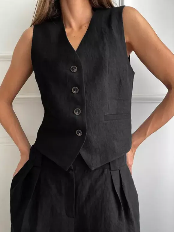 Two Piece Sets Khaki Street Wear V-Neck Sleeveless Top Pant Set