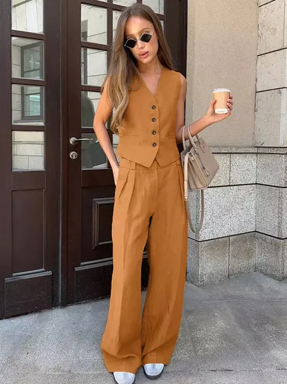 Two Piece Sets Khaki Street Wear V-Neck Sleeveless Top Pant Set