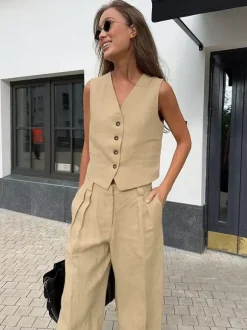 Two Piece Sets Khaki Street Wear V-Neck Sleeveless Top Pant Set