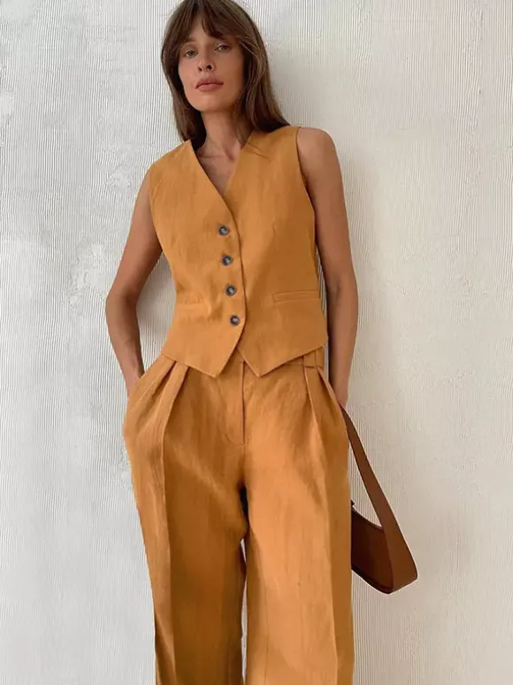 Two Piece Sets Khaki Street Wear V-Neck Sleeveless Top Pant Set