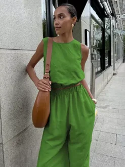 Two Piece Sets Khaki Street Wear Cotton Jewel Neck Sleeveless Chic Pant Set