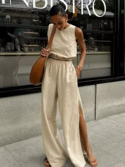 Two Piece Sets Khaki Street Wear Cotton Jewel Neck Sleeveless Chic Pant Set
