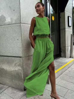 Two Piece Sets Khaki Street Wear Cotton Jewel Neck Sleeveless Chic Pant Set