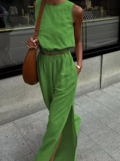 Two Piece Sets Khaki Street Wear Cotton Jewel Neck Sleeveless Chic Pant Set
