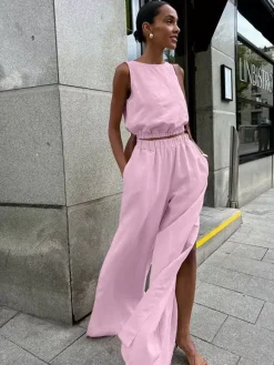 Two Piece Sets Khaki Street Wear Cotton Jewel Neck Sleeveless Chic Pant Set