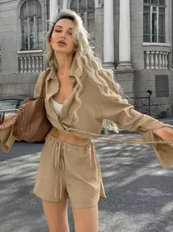 Two Piece Sets Khaki Street Wear Linen Turndown Collar Long Sleeves Pant Set