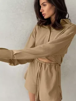 Two Piece Sets Khaki Street Wear Linen Turndown Collar Long Sleeves Pant Set