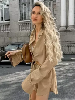 Two Piece Sets Khaki Street Wear Linen Turndown Collar Long Sleeves Pant Set