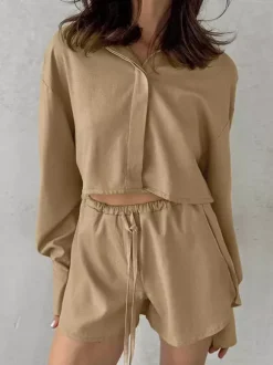 Two Piece Sets Khaki Street Wear Linen Turndown Collar Long Sleeves Pant Set