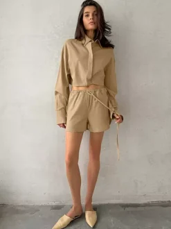 Two Piece Sets Khaki Street Wear Linen Turndown Collar Long Sleeves Pant Set