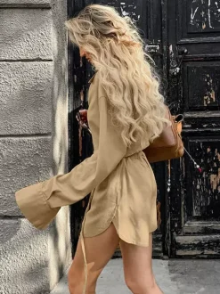 Two Piece Sets Khaki Street Wear Linen Turndown Collar Long Sleeves Pant Set