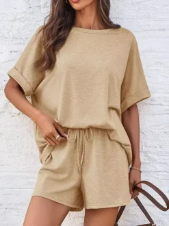 Two Piece Sets Khaki Street Wear Jewel Neck T-Shirt Sleeves Short Sleeves Casual Pant Set