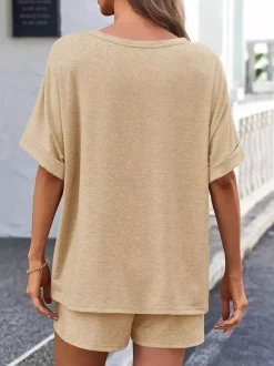 Two Piece Sets Khaki Street Wear Jewel Neck T-Shirt Sleeves Short Sleeves Casual Pant Set