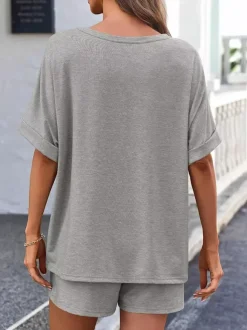 Two Piece Sets Khaki Street Wear Jewel Neck T-Shirt Sleeves Short Sleeves Casual Pant Set