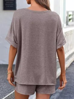 Two Piece Sets Khaki Street Wear Jewel Neck T-Shirt Sleeves Short Sleeves Casual Pant Set