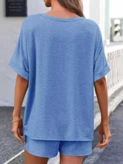 Two Piece Sets Khaki Street Wear Jewel Neck T-Shirt Sleeves Short Sleeves Casual Pant Set