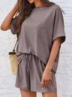 Two Piece Sets Khaki Street Wear Jewel Neck T-Shirt Sleeves Short Sleeves Casual Pant Set