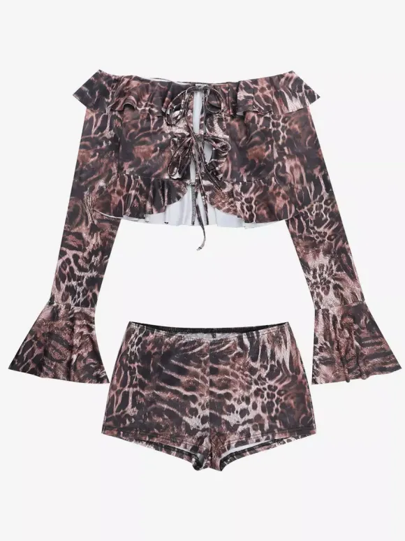 Two Piece Sets Leopard Casual Leopard Print Daily Strapless Long Sleeves Pant Set