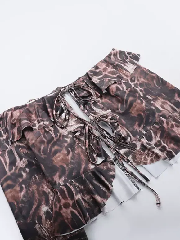 Two Piece Sets Leopard Casual Leopard Print Daily Strapless Long Sleeves Pant Set