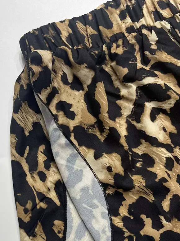 Two Piece Sets Leopard Leopard Print Daily Casual Strapless Long Sleeves Top Pant Set