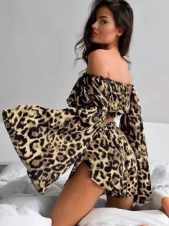 Two Piece Sets Leopard Leopard Print Daily Casual Strapless Long Sleeves Top Pant Set
