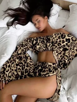 Two Piece Sets Leopard Leopard Print Daily Casual Strapless Long Sleeves Top Pant Set