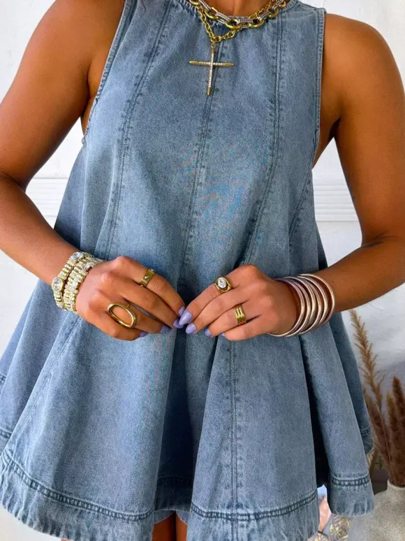 Two Piece Sets Mini Dresses Orange Daily Casual Denim Jewel Neck Sleeveless Casual Pant Set