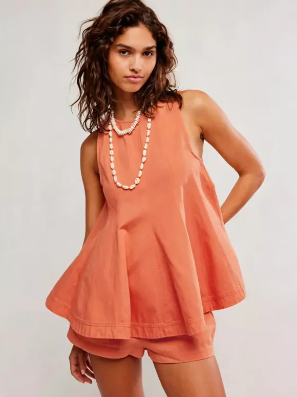 Two Piece Sets Mini Dresses Orange Daily Casual Denim Jewel Neck Sleeveless Casual Pant Set