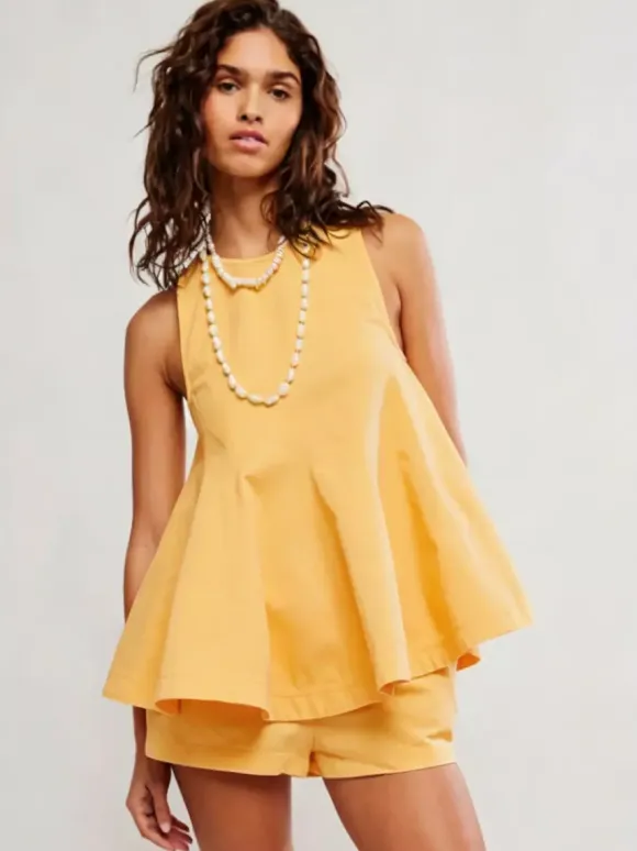 Two Piece Sets Mini Dresses Orange Daily Casual Denim Jewel Neck Sleeveless Casual Pant Set