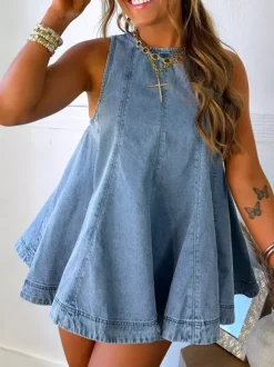Two Piece Sets Mini Dresses Orange Daily Casual Denim Jewel Neck Sleeveless Casual Pant Set