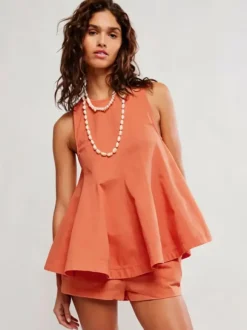 Two Piece Sets Mini Dresses Orange Daily Casual Denim Jewel Neck Sleeveless Casual Pant Set