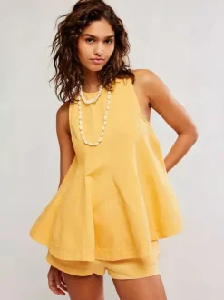 Two Piece Sets Mini Dresses Orange Daily Casual Denim Jewel Neck Sleeveless Casual Pant Set